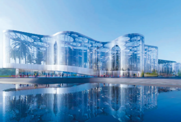Modern glass and steel structure beside a reflecting pool